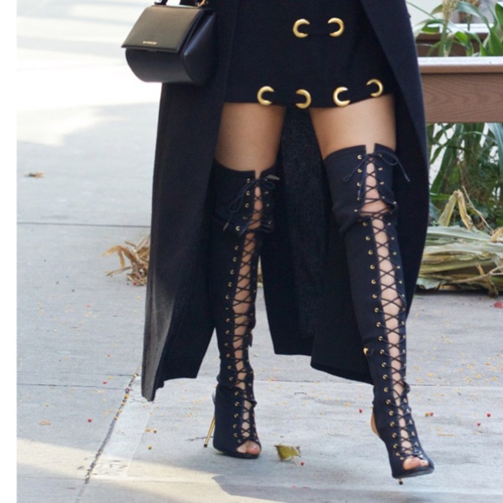 Jeffrey Campbell Black Lace Up Thigh High Boots - Picture 5 of 7